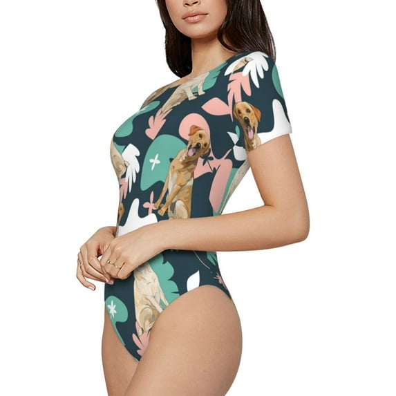 Goofa Labrador Retriever Dog Printed Women Rash Guard Short Sleeve,Tummy control Swimsuit Surfing Swimsuit Bathing Suit One Piece Swimsuit UPF 50-Medium