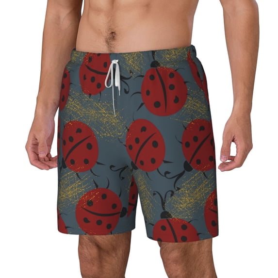 Goofa Ladybug Printed Men's Swim Trunks Board Shorts Quick Dry Mens Swimming Trunks with Compression Liner,Breathable Fit Hawaii Beach Shorts-X-Large