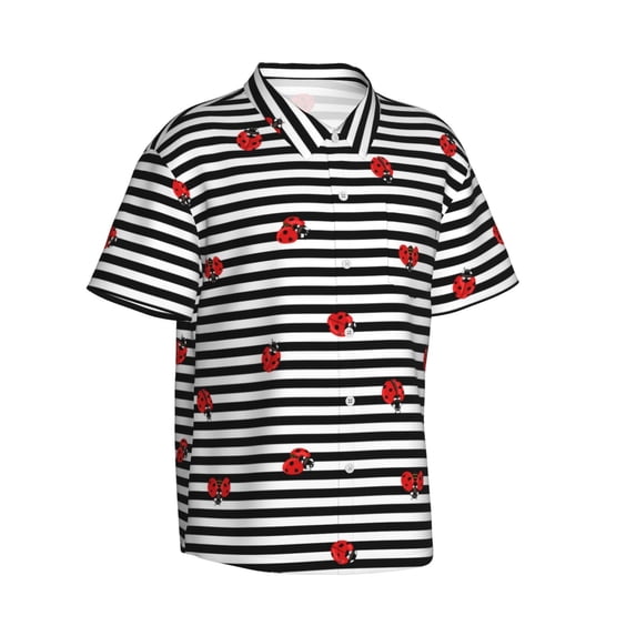 Goofa Ladybugs on Black and White Striped Hawaiian Shirt for Men, Unisex Summer Beach Casual Short Sleeve Button Down Shirts,Aloha Tropical Floral print shirt-Medium
