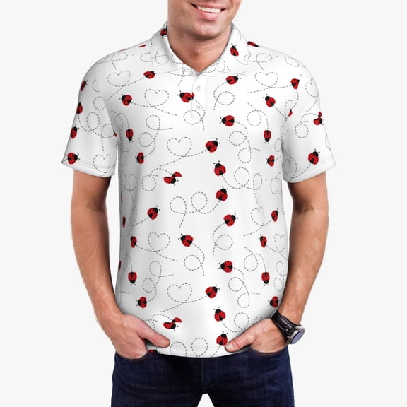 Goofa Ladybugs Flying On Dotted Route Print Mens Polo Shirts Quick Dry Short Sleeve Golf T Shirt Performance Moisture Wicking Casual Workout-Small