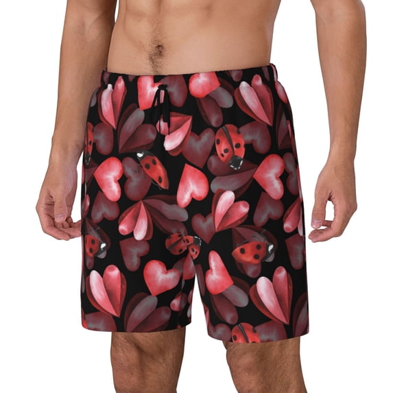 Goofa Ladybugs and Red Hearts Printed Men's Swim Trunks Board Shorts Quick Dry Mens Swimming Trunks with Compression Liner,Breathable Fit Hawaii Beach Shorts-X-Large