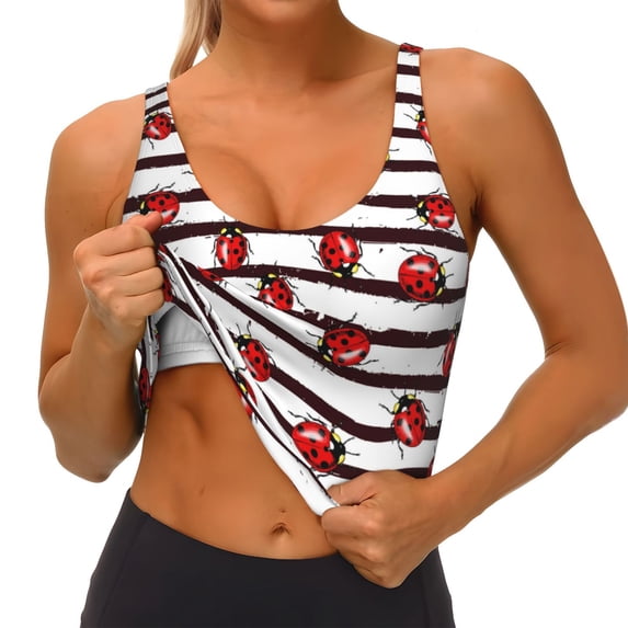 Goofa Ladybugs on Black and White Striped1 Printed Sports Bras for Women, High Impact Running Bra Workout Crop Tank Tops Longline Sports Bra Push up-