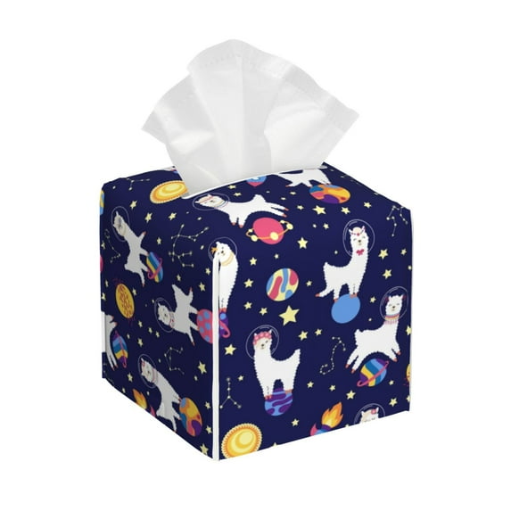 Goofa Lama in Space Tissue Box Cover PVC Leather Tissue Holder Square Facial Tissue Case Facial Paper Organizer Dispenser for Bathroom, Vanity Countertop