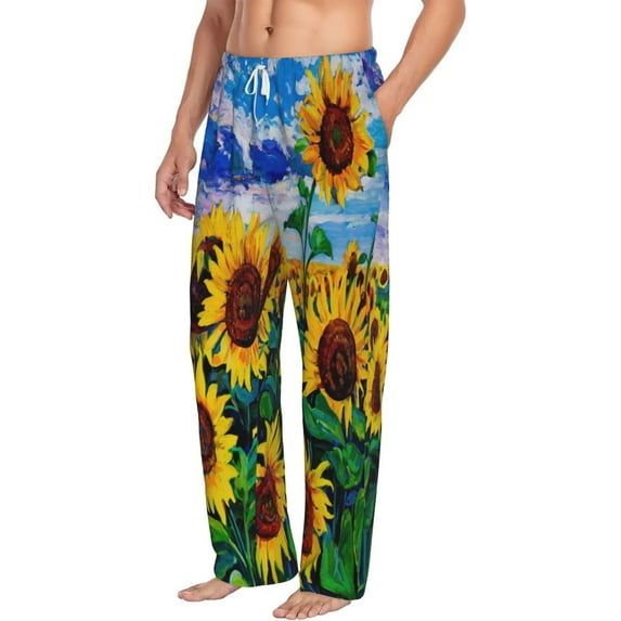 Goofa Landscape With Sunflowers Printed Soft Pajama Pants for Men, Wide Leg Comfy Casual Lounge Yoga Pants-X-Large