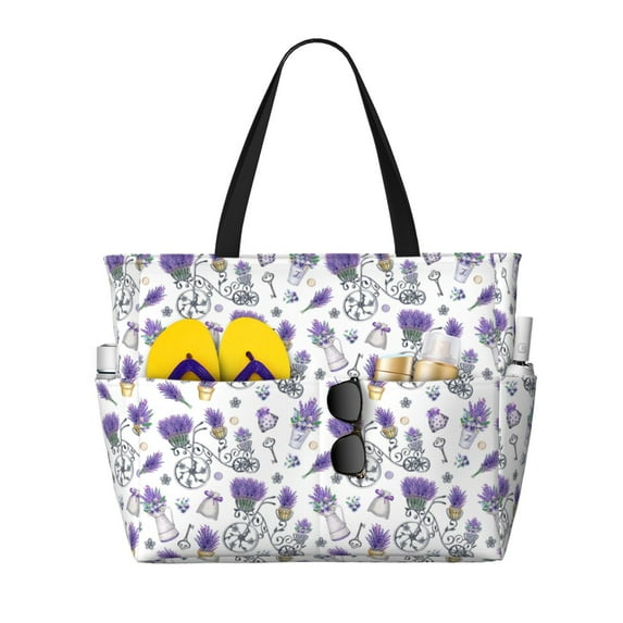 Goofa Lavender Bicycle Print Beach Bags Waterproof Beach Tote Bag Zipper Sandproof Swim Pool Bag Large Tote Beach Vacation Travel