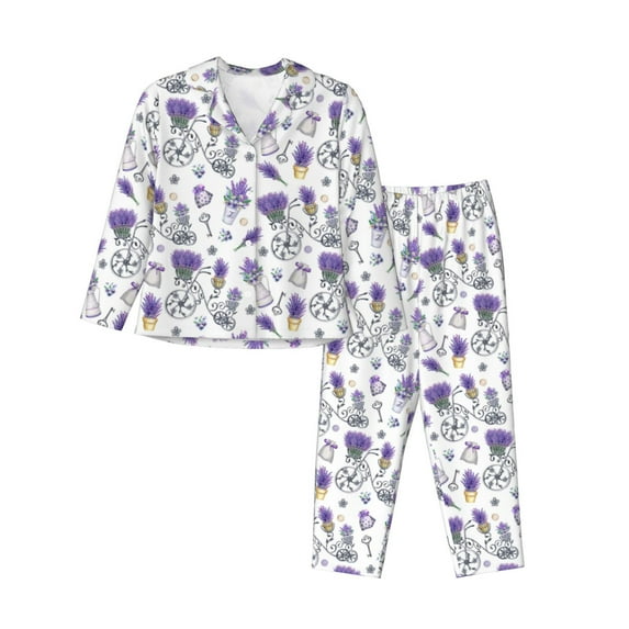 Goofa Lavender Bicycle Printed Women’s 2 Piece Pajama Set Super,Pajamas Women's Long Sleeve Sleepwear Soft Button Down Loungewear Pjs Lounge Set Nightwear-Medium