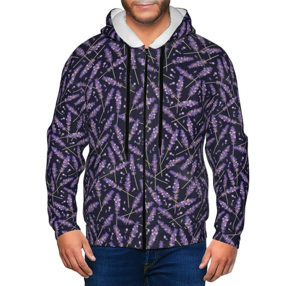 Goofa Lavender Flowers Pattern Mens Full-zip Hoodie, Zip-up Pullover Hooded Sweatshirt, Kangaroo Pocket Hoodie Ideal for Daily Wear, Travel, and Home-XX-Large