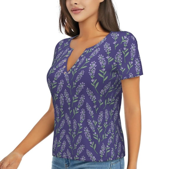 Goofa Lavender Flowers Pattern Womens Deep V Neck Low Cut Tops Casual Summer Short Sleeve Ribbed Knit T-Shirts-Small