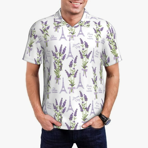 Goofa Lavender Flowers Print Mens Polo Shirts Quick Dry Short Sleeve Golf T Shirt Performance Moisture Wicking Casual Workout-4X-Large