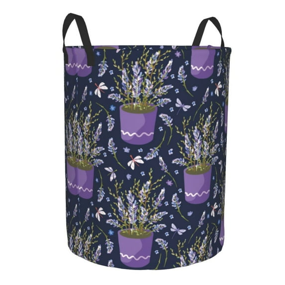 Goofa Lavender Flowers Printed Circular Hamper,Laundry Basket with Handles,Storage Baskets Foldable,Large Capacity Laundry Hamper-Medium