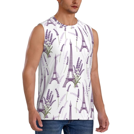 Goofa Lavender Flowers Printed Men's Sleeveless T-Shirt - Athletic Gym Workout Tank Top for Men - Moisture-Wicking, UPF 30+ Quick-Dry Muscle Tee-X-Large