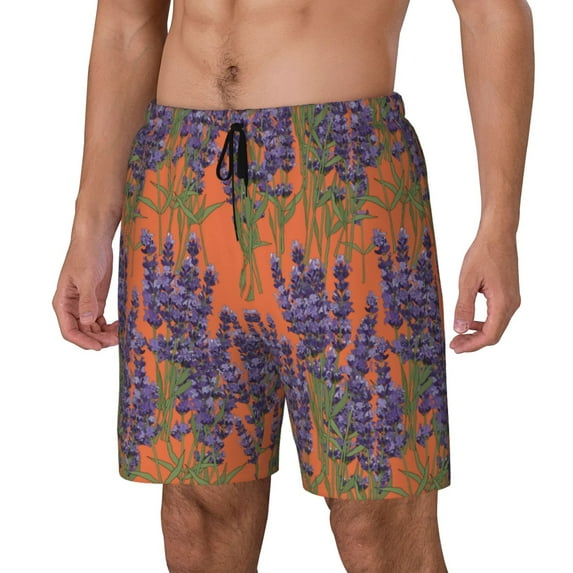 Goofa Lavender Flowers Printed Men's Swim Trunks Board Shorts Quick Dry Mens Swimming Trunks with Compression Liner,Breathable Fit Hawaii Beach Shorts-3X-Large