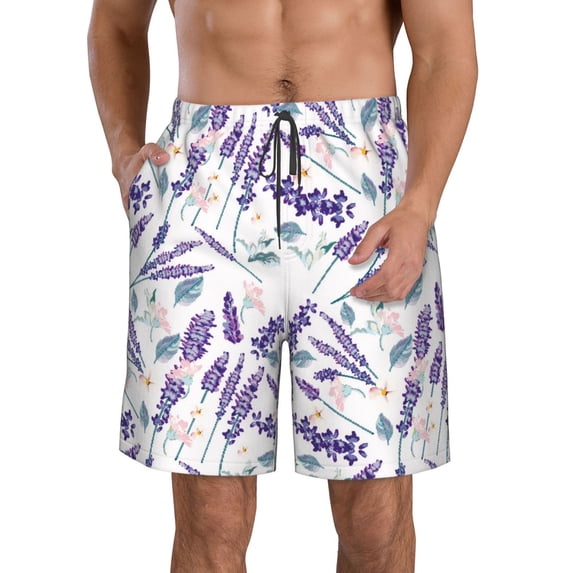 Goofa Lavender Flowers Printed Mens Swim Trunks Summer Quick Dry Short Beach Swimwear Bathing Suits-Medium