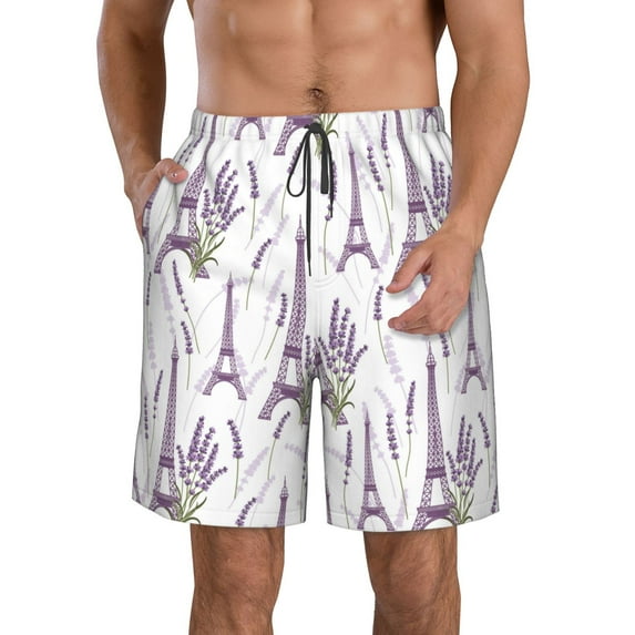 Goofa Lavender Flowers Printed Mens Swim Trunks Summer Quick Dry Short Beach Swimwear Bathing Suits-Small