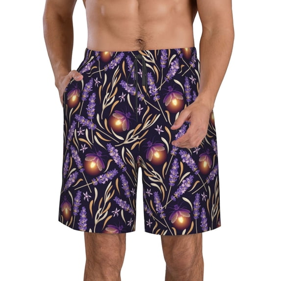 Goofa Lavender Flowers Printed Mens Swim Trunks Summer Quick Dry Short Beach Swimwear Bathing Suits-