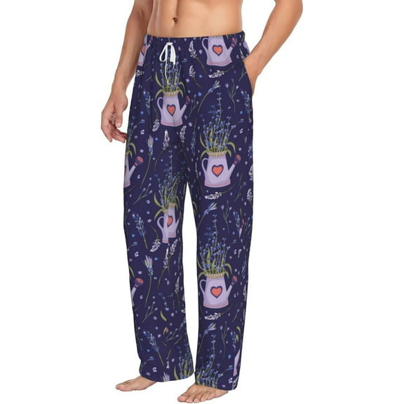 Goofa Lavender Flowers Printed Soft Pajama Pants for Men, Wide Leg Comfy Casual Lounge Yoga Pants-Large