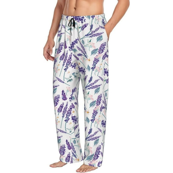 Goofa Lavender Flowers Printed Soft Pajama Pants for Men, Wide Leg Comfy Casual Lounge Yoga Pants-