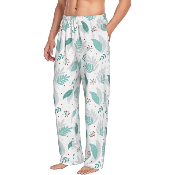 Goofa Leaf Print Green Printed Soft Pajama Pants for Men, Wide Leg Comfy Casual Lounge Yoga Pants-Large