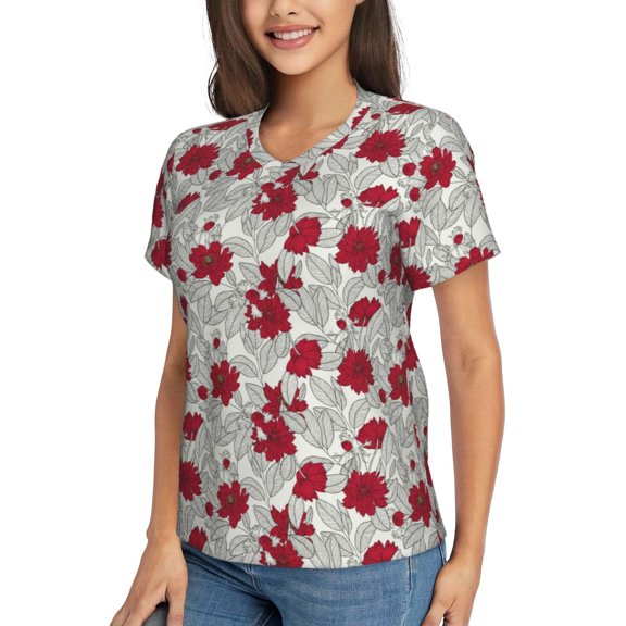 Goofa Leaves And Anemone Flowers In Red Grey Pattern Women's Slim-Fit Short-Sleeve V-Neck T-Shirt,Classic-Fit Short-Sleeve V-Neck T-Shirt-Small