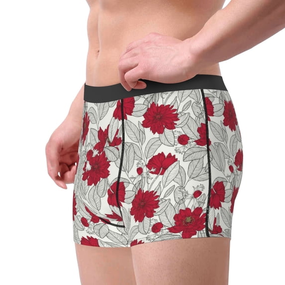 Goofa Leaves And Anemone Flowers In Red Grey Printed Men's Boxer Briefs Underwear, Moisture-Wicking Underwear, Trunk,Soft and Breathable Cotton Underwear-X-Large