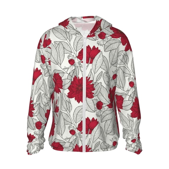 Goofa Leaves And Anemone Printed Women's UPF 50+ Sun Protection Hoodie Jacket Lightweight Long Sleeve Sun Shirt for Women with Pocket Hiking Outdoor-Large