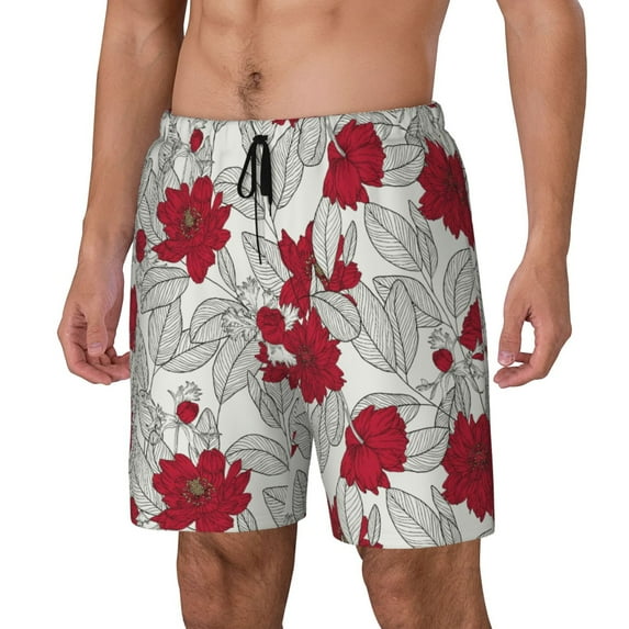 Goofa Leaves And Anemone Flowers In Red Grey Printed Men's Swim Trunks Board Shorts Quick Dry Mens Swimming Trunks with Compression Liner,Breathable Fit Hawaii Beach Shorts-3X-Large