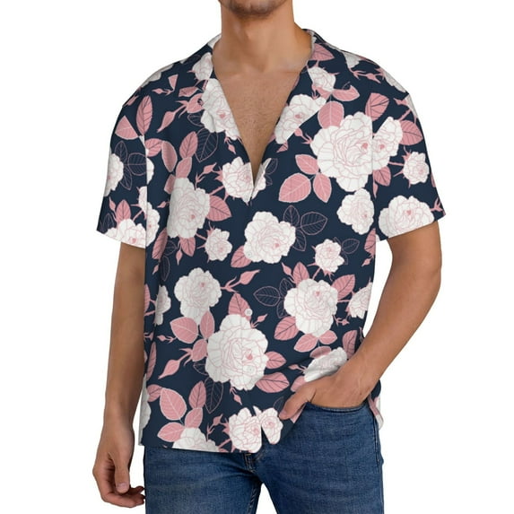 Goofa Leaves Flower Printed Men's Casual Short-sleeved Shirt,Lightweight Breathable Button-down,Summer Casual men's top,Versatile Fashion shirt-Medium