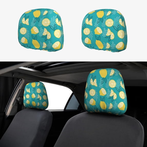 Goofa Lemon Blue Pattern 2 PCS Car Headrest Cover, Headrest Protector,Universal Interior Car Accessories
