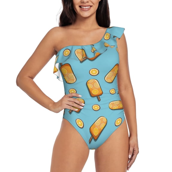 Goofa Lemon Ice Cream Pattern Women's One Piece Swimsuits Tummy Control Bathing Suits Asymmetric One Shoulder Swimwear-Large