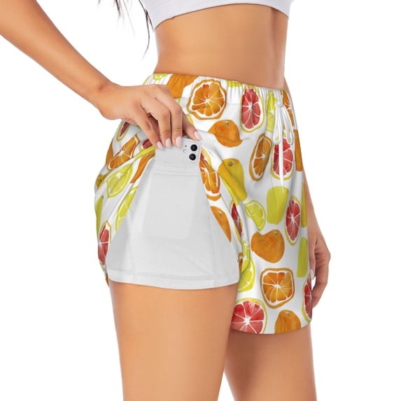 Goofa Lemon Orange Printed Women 2 in 1 Running Shorts,Quick Dry Athletic Workout Shorts,High Waisted Athletic Shorts with Liner Pockets-Small
