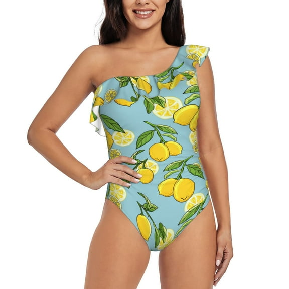 Goofa Lemon Pattern Women's One Piece Swimsuits Tummy Control Bathing Suits Asymmetric One Shoulder Swimwear-
