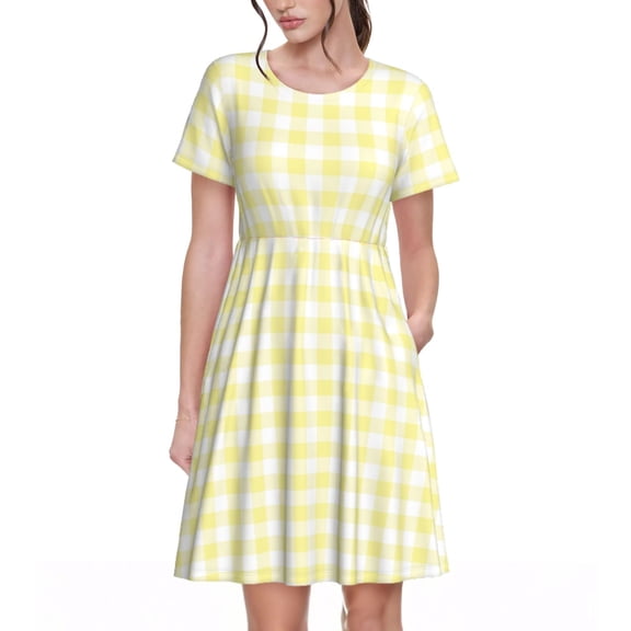 Goofa Lemon Yellow Checkboard Pattern Women Summer Short Sleeve Midi Dress with Pockets Casual Aline Flowy Tshirt Dress Vocation Beach Sundress