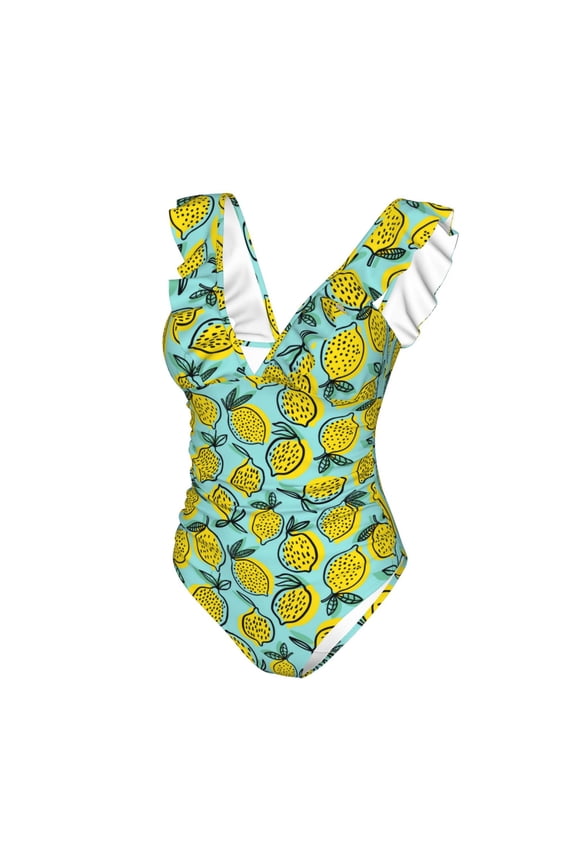 Lemon1 Print Women's Ruffled One Piece Swimsuit V Neck