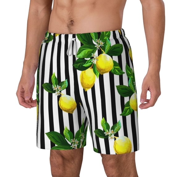 Goofa Lemons on Striped Printed Men's Swim Trunks Board Shorts Quick Dry Mens Swimming Trunks with Compression Liner,Breathable Fit Hawaii Beach Shorts-3X-Large
