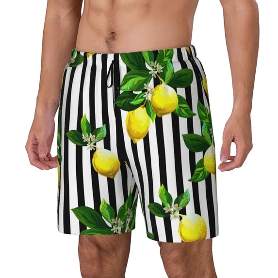Goofa Lemons on Striped Printed Men's Swim Trunks Board Shorts Quick Dry Mens Swimming Trunks with Compression Liner,Breathable Fit Hawaii Beach Shorts-XX-Large