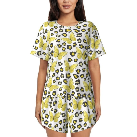 Goofa Leopard And Butterfly for Womens Cotton 2 Piece Pajamas Set Classic Short Sleeve Pjs Set Soft Button Down Sleepwear Loungewear-X-Large