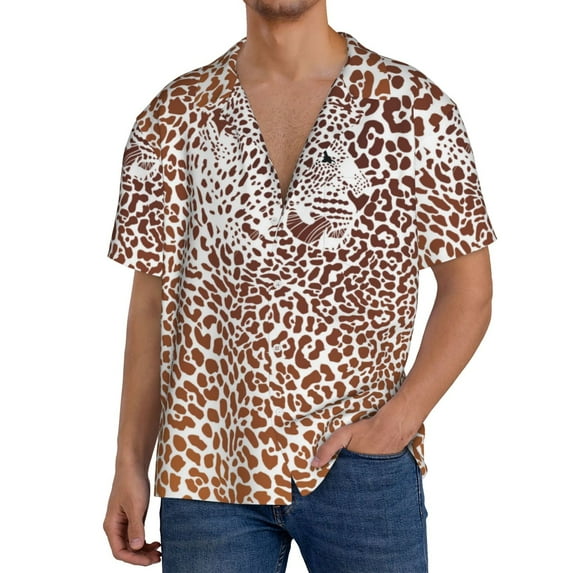 Goofa Leopard Brown Printed Men's Casual Short-sleeved Shirt,Lightweight Breathable Button-down,Summer Casual men's top,Versatile Fashion shirt-Small