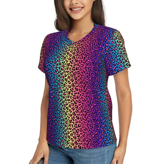 Goofa Leopard Neon Rainbow Gradient Pattern Women's Slim-Fit Short-Sleeve V-Neck T-Shirt,Classic-Fit Short-Sleeve V-Neck T-Shirt-3X-Large