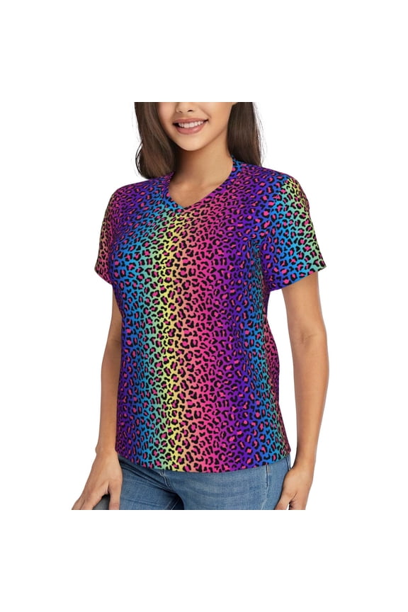 Leopard Neon Rainbow Gradient Pattern Women's Slim-Fit Short-Sleeve V-Neck T-Shirt,Classic-Fit Short-Sleeve V-Neck T-Shirt-3X-Large