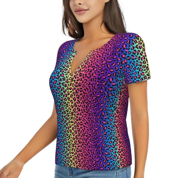 Goofa Leopard Neon Rainbow Gradient Pattern Womens Deep V Neck Low Cut Tops Casual Summer Short Sleeve Ribbed Knit T-Shirts-Large
