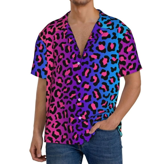 Goofa Leopard Neon Rainbow Gradient Printed Men's Casual Short-sleeved Shirt,Lightweight Breathable Button-down,Summer Casual men's top,Versatile Fashion shirt-Small