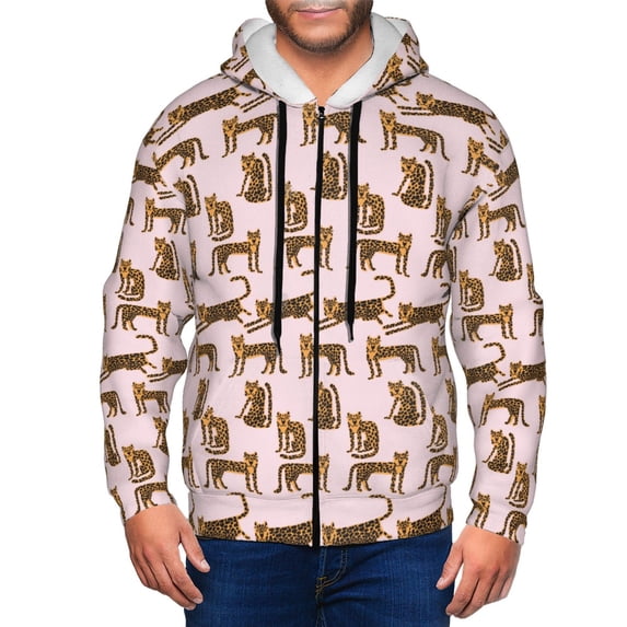 Goofa Leopard Print Pattern Mens Full-zip Hoodie, Zip-up Pullover Hooded Sweatshirt, Kangaroo Pocket Hoodie Ideal for Daily Wear, Travel, and Home-Medium