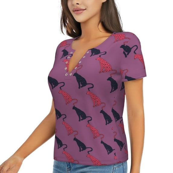 Goofa Leopard Print Pattern Womens Deep V Neck Low Cut Tops Casual Summer Short Sleeve Ribbed Knit T-Shirts-Medium