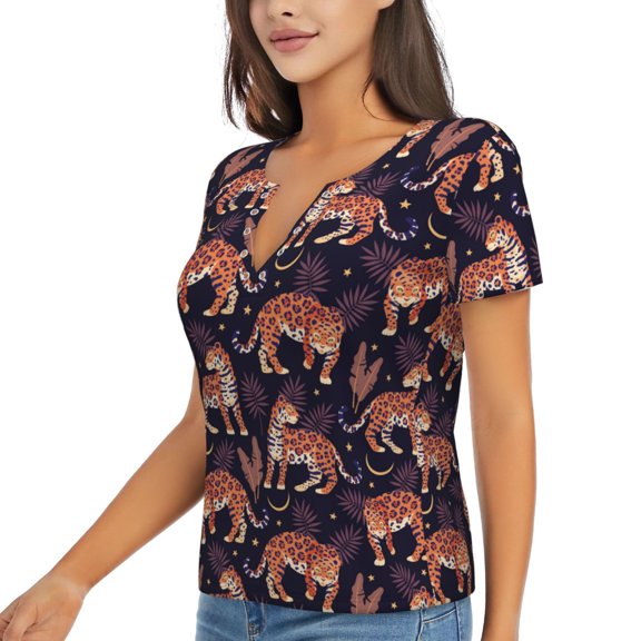 Goofa Leopard Print Pattern Womens Deep V Neck Low Cut Tops Casual Summer Short Sleeve Ribbed Knit T-Shirts-Medium