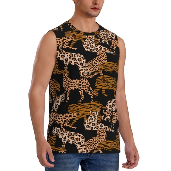 Goofa Leopard Print Printed Men's Sleeveless T-Shirt - Athletic Gym Workout Tank Top for Men - Moisture-Wicking, UPF 30+ Quick-Dry Muscle Tee-X-Large