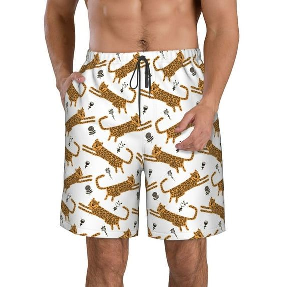 Goofa Leopard Print Printed Mens Swim Trunks Summer Quick Dry Short Beach Swimwear Bathing Suits-Large
