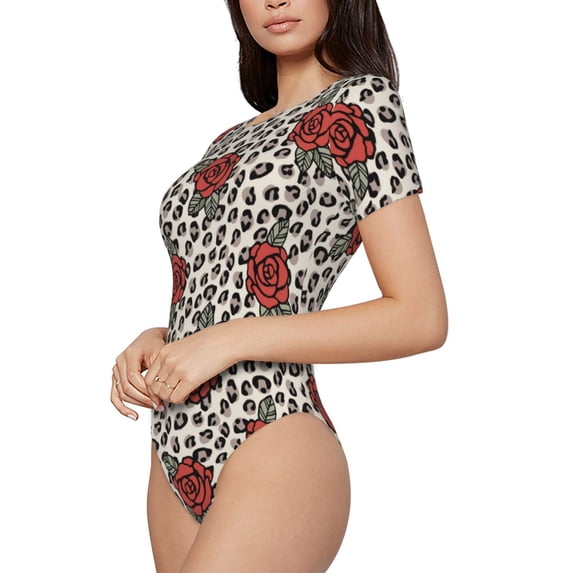 Goofa Leopard Print Rose Printed Women Rash Guard Short Sleeve,Tummy control Swimsuit Surfing Swimsuit Bathing Suit One Piece Swimsuit UPF 50-XX-Large