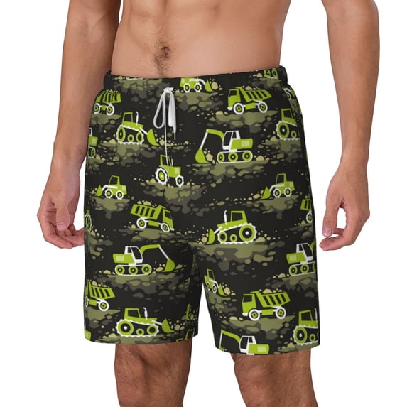 Goofa Light Green Excavator Printed Men's Swim Trunks Board Shorts Quick Dry Mens Swimming Trunks with Compression Liner,Breathable Fit Hawaii Beach Shorts-Medium