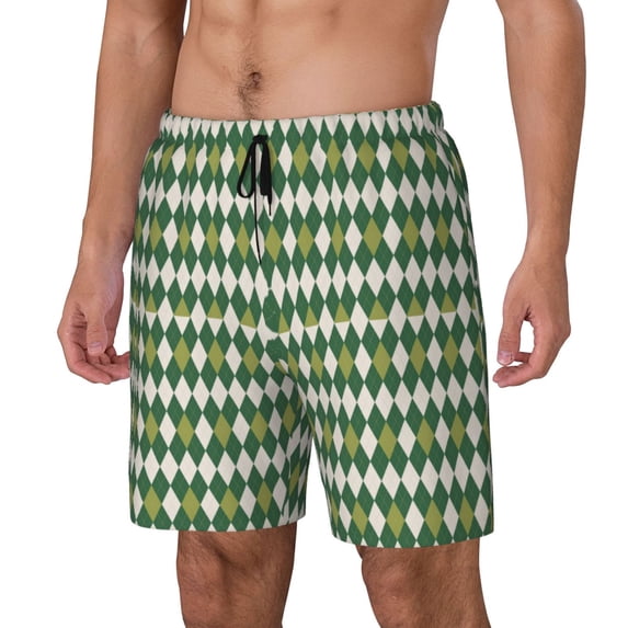 Goofa Light Green Squares Printed Men's Swim Trunks Board Shorts Quick Dry Mens Swimming Trunks with Compression Liner,Breathable Fit Hawaii Beach Shorts-Large
