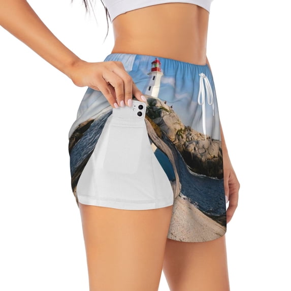 Goofa Lighthouse Printed Women 2 in 1 Running Shorts,Quick Dry Athletic Workout Shorts,High Waisted Athletic Shorts with Liner Pockets-Large